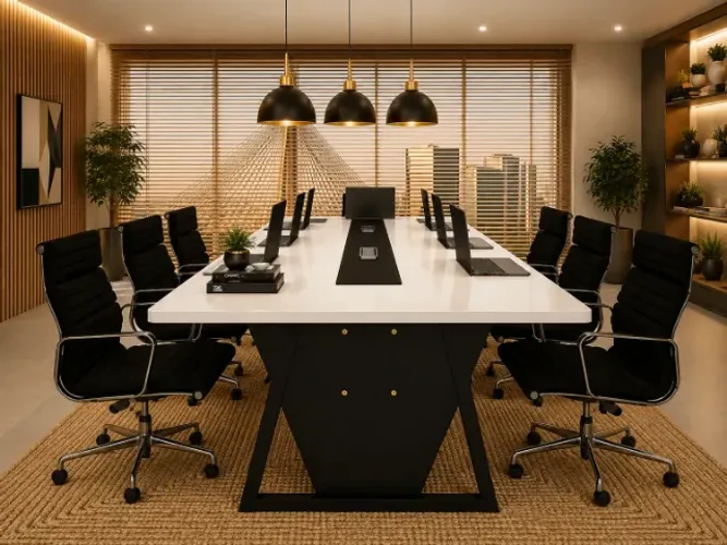 Mesa de Reunião Trapeze Wood Copenhagen 8 Tomadas. L240cm x P100cm x A74