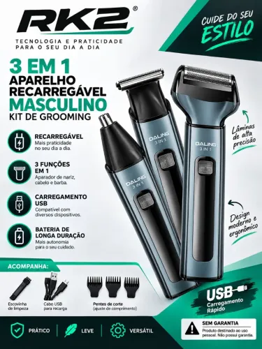 Kit Barbeador/ Aparador de Barba 3x1 - Bateria Recarregável