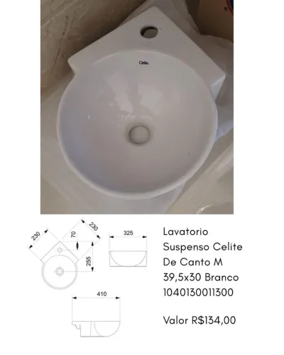 Lavatório Suspenso Celite de Canto M 39,5x30cm Branco