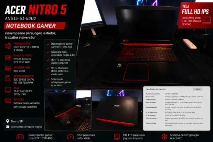 ACER NITRO 5 GAMER | GTX 1050 4GB | i5 | SSD 256GB + HD 1TB