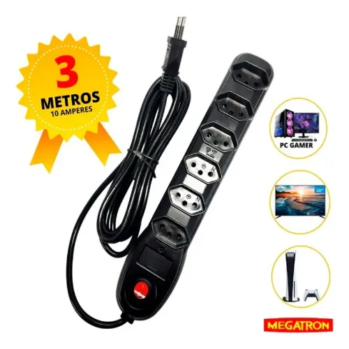 Extensão Filtro de Linha Megatron 6 Tomadas 3 Metros