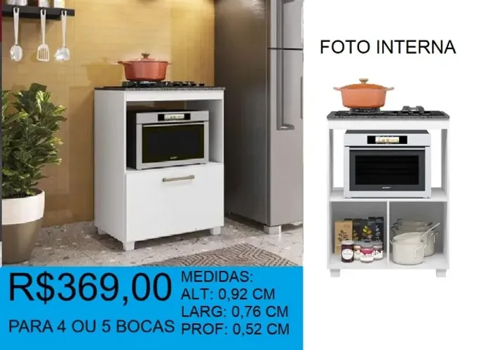 Balcão cooktop 4 ou 5 bocas e 1 porta basculante - à pronta entrega