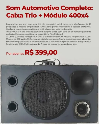 Som Automotivo Completo: Caixa Trio + Módulo Amplificador 400x4