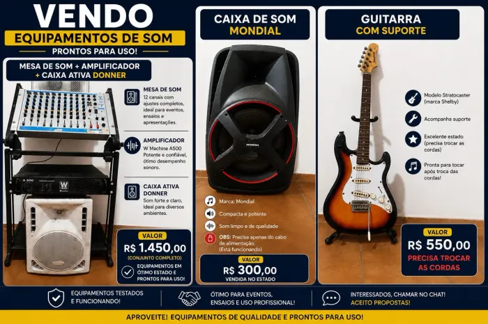 Mesa de som , baixo e caixinha de som