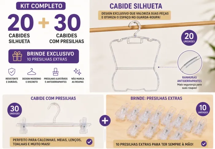 Kit 20 cabides de silhueta + 30 cabides de presilhas (brinde 10 presilhas extras)