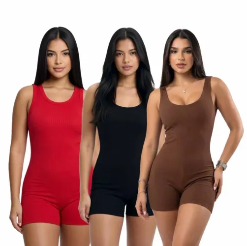 Kit 3 Macaquinho Feminino Tecido Anarruga Canelado Regata Tendência Feminina