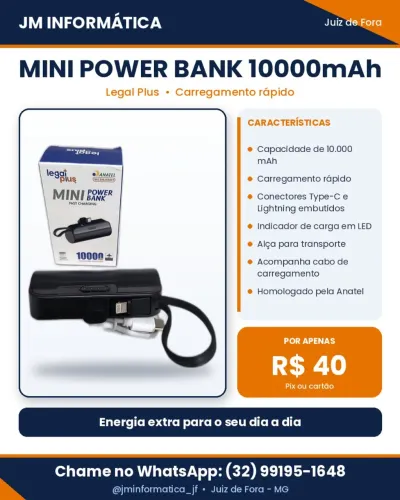 Mini Power Bank 10000mAh Legal Plus com Cabos Type-C e Lightning Embutidos