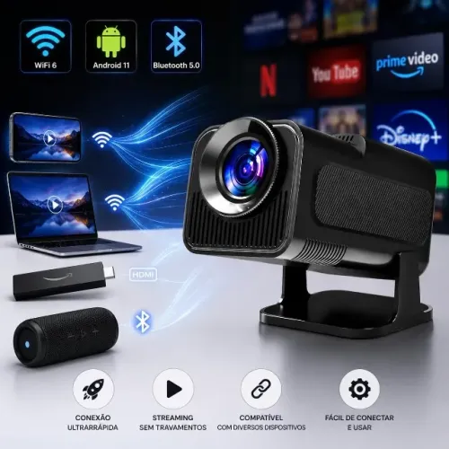 Projetor 720P Android 11 WiFi 6 Bluetooth 5.0 Auto Cor Cinema Portátil HD Tela