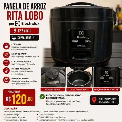Vendo panela de arroz Electrolux Rita Lobo, 127 volts, em perfeito funcionamento.