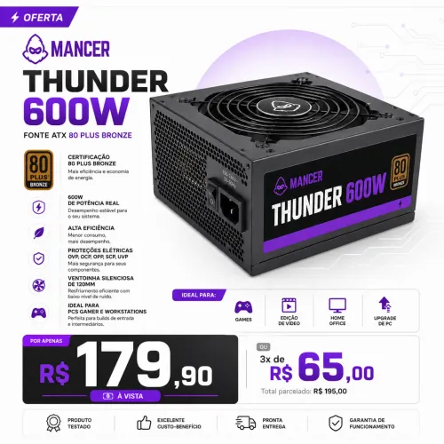 *OPORTUNIDADE* Fonte Mancer Thunder 600W Semi-nova