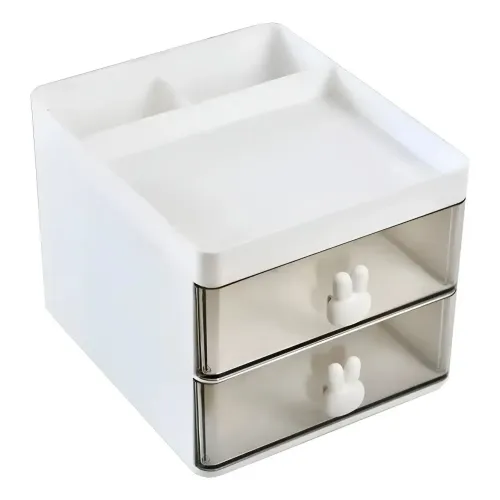 Organizado de mesa com duas gavetas de plástico e puxadores em formato de orelha de coelho