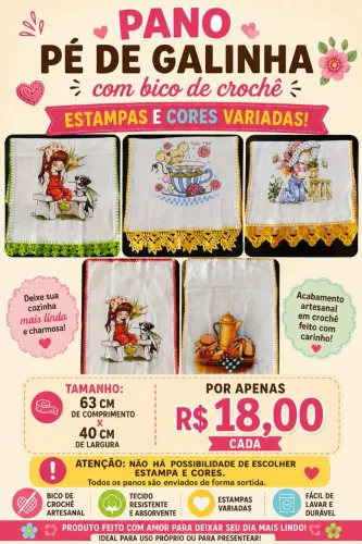 Pano de Prato Pé de Galinha Com Bico de Crochê