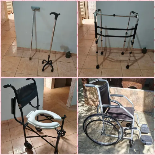 Vendo cadeira de rodas, cadeira de banho, andador de idoso e 2 bengalas.