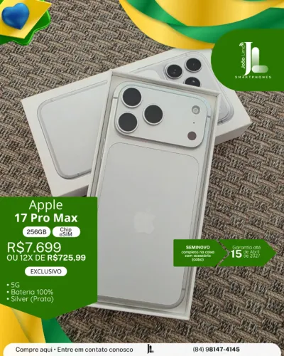 IPHONE 17 PRO MAX, 5G, CHIP ESIM, 256GB, SILVER, SEMINOVO NA GARANTIA, LANÇAMENTO!