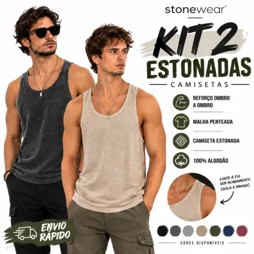 Kit 2 Camisetas Novas Regata Premium Estonadas (Lavada à Pedra) Cores na Descrição