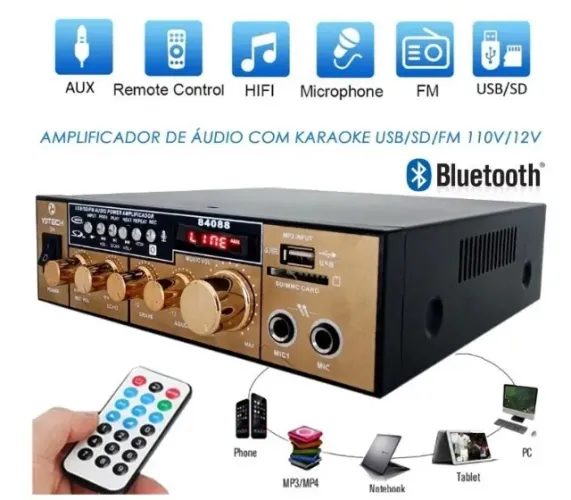 Amplificador de Som Bluetooth USB fm Sd Cardo Com Display lcd 110v/12v