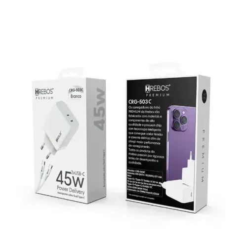 Carregador Hrebos Premium - NOVO, 2 entradas USB-C para USB-C, 45W, com Cabo