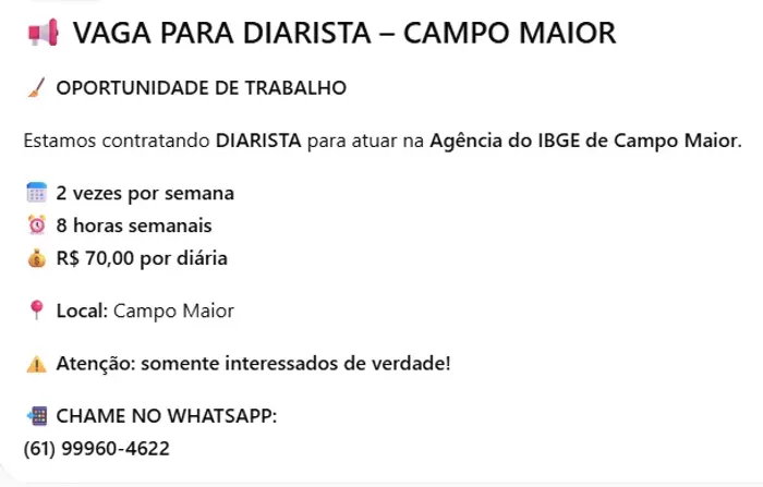 Vaga para Diarista - Campo Maior ? OPORTUNIDADE DE TRABALHO Estamos contratando diarist
