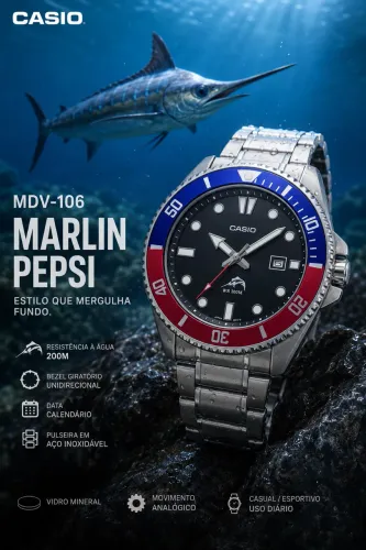 Relógio Casio mdv106 marlin pepsi original pulseira em metal