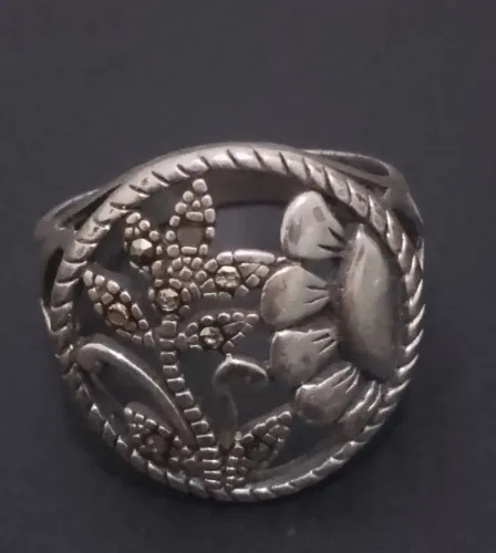 Anel Prata 925 com Marcassita - Estilo Vintage Retrô