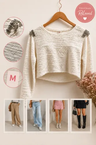 Cropped Tricô Off White com Pedrarias | Tam. M