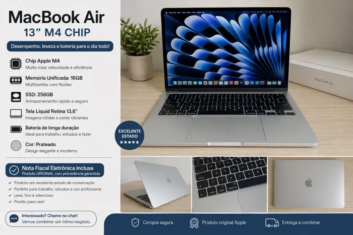 MacBook Air com chip M4, 16 GB de memória unificada e SSD de 256 GB