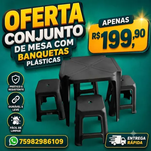 Conjunto de mesa e banquetas plásticas preto
