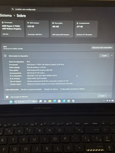 Notebook ASUS Vivobook Go 15 8GB RAM Ryzen 5  512gb ssd 