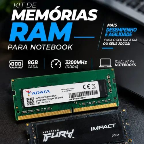 Kit 2x Memória RAM 8GB DDR4 3200MHz Notebook - ADATA + Kingston