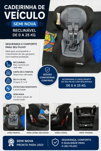 Cadeirinha de criança para veículo reclinável.