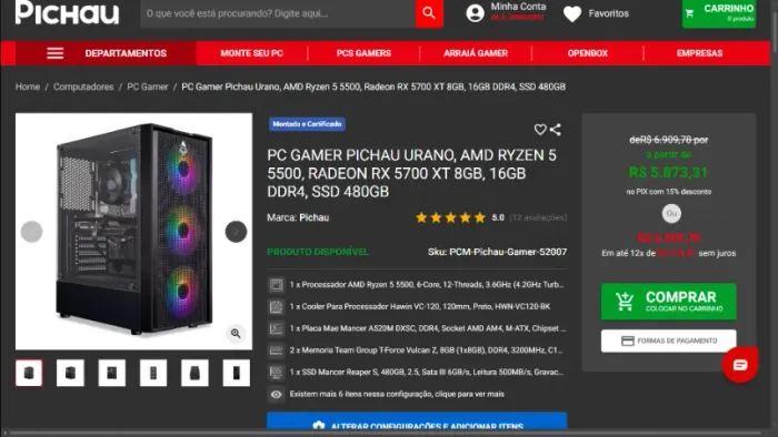 PC Gamer Pichau Urano II - Ryzen 5 5600 + RX 5700 XT 8GB - 16GB RAM - SSD