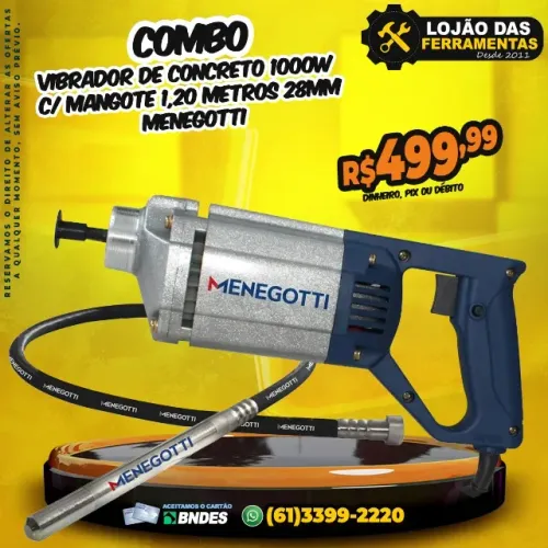Vibrador de Concreto 1000w Com Mangote 1,20 metros 28mm Menegotti