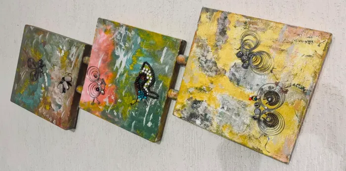 Quadro Triptico Modular Mixed Media Insetos Relevo Aramado