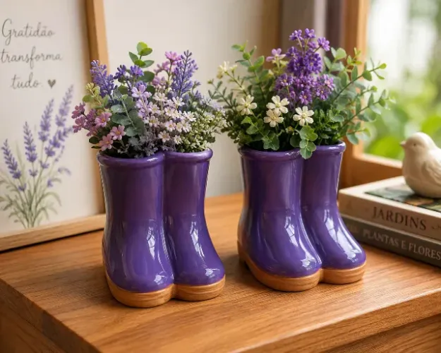 Par de Vasos Decorativos em Cerâmica Formato Botas Roxas