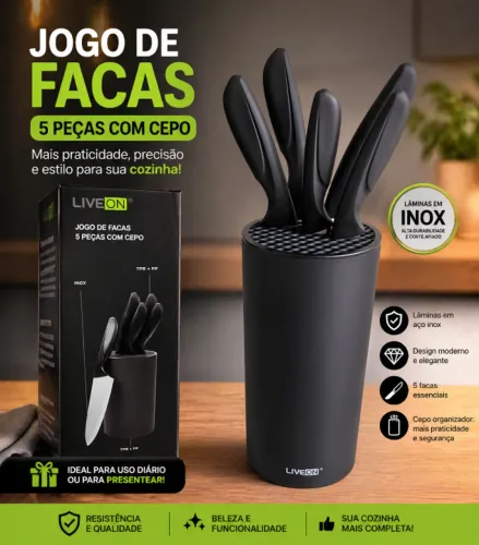 Jogo de Facas 5 Peças com Cepo - Inox - Novo