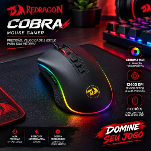 Mouse Gamer Redragon Cobra, Chroma RGB, 12400 DPI, 8 Botões