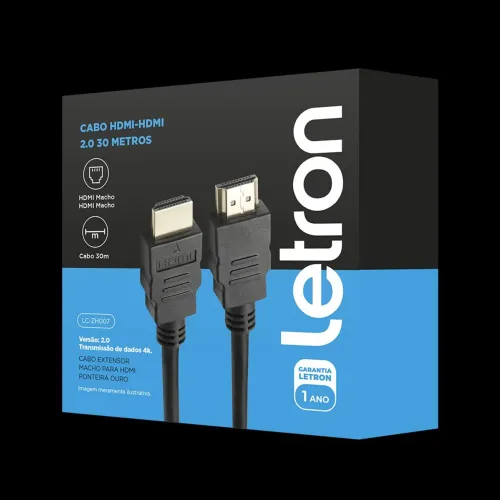 Cabo HDMI 2.0 30 Metros 4K Ultra HD Ponta de Ouro na cor preta Letron