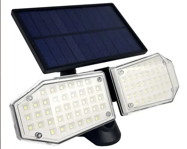 A imagem mostra uma luminária solar externa com sensor de presença