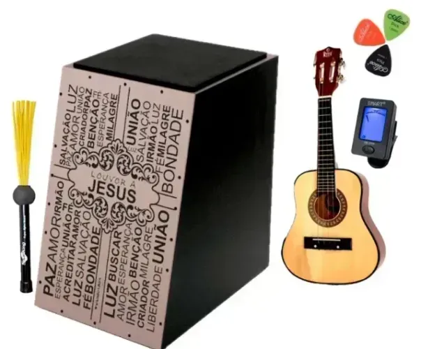 Kit Cavaco Acústico Myth cajon e vassourinha spanking mas afinador e palhetas variadas