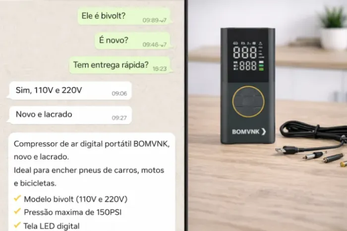 Compressor de Ar Digital Portátil Para Carro, Moto e Bike