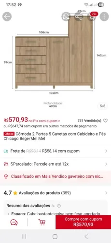Cômoda 2 portas e 5 gavetas