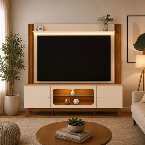 Estante Home 2 Portas com LED e Nichos  Maceió Off White/Canela <br>
