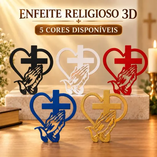 Enfeite Religioso 3D Mãos em Oração Cruz Coração Decoração Cristã