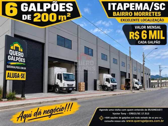 ALUGO GALPÃO COM 200 A 1.200M² COM PÉ DIREITO DE 8CM EM ITAPEMA