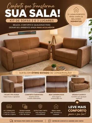 Kit de Sofás 2 e 3 lugares em Suede Marrom - Confortáveis e bem conservados