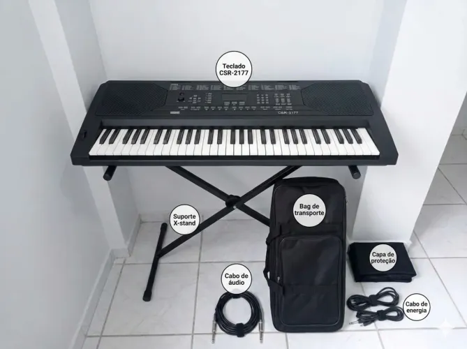 TECLADO MUSICAL CSR 2177-PRONTO PARA TOCAR+ACESSÓRIOS 