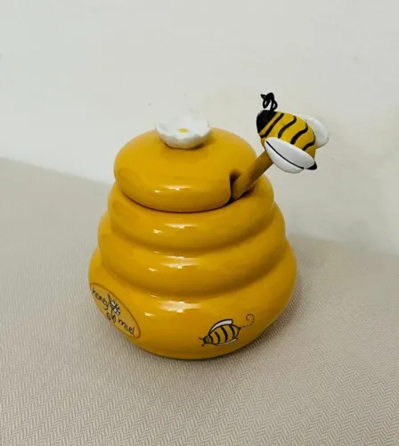 Pote De Mel Formato Colmeia Cerâmica Amarela Estilo Vintage