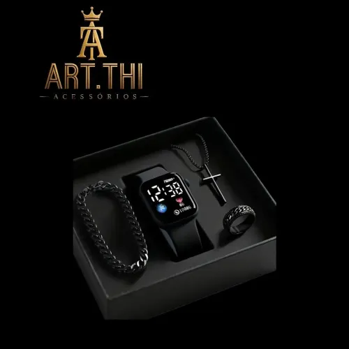 Kit Masculino 4 Peças - Relógio Digital LED + Corrente + Pulseira e Anel (Preto)