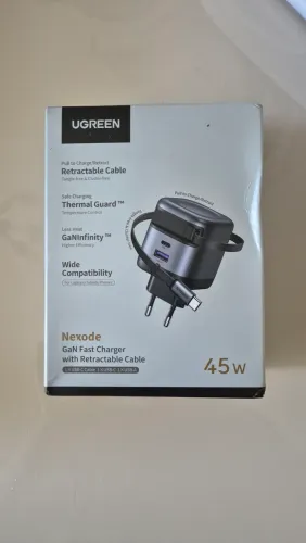 [Novo] Carregador Ugrenn turbo 45w GaN com cabo retratil 