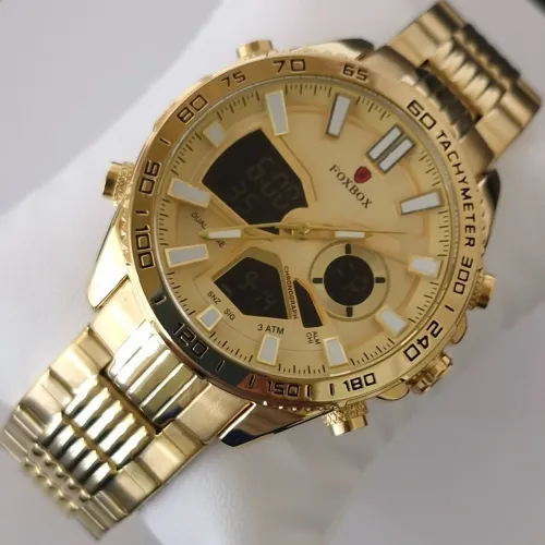Relógio FOXBOX 9929 3ATM - Militar Dual Hora Aço Inox Dourado